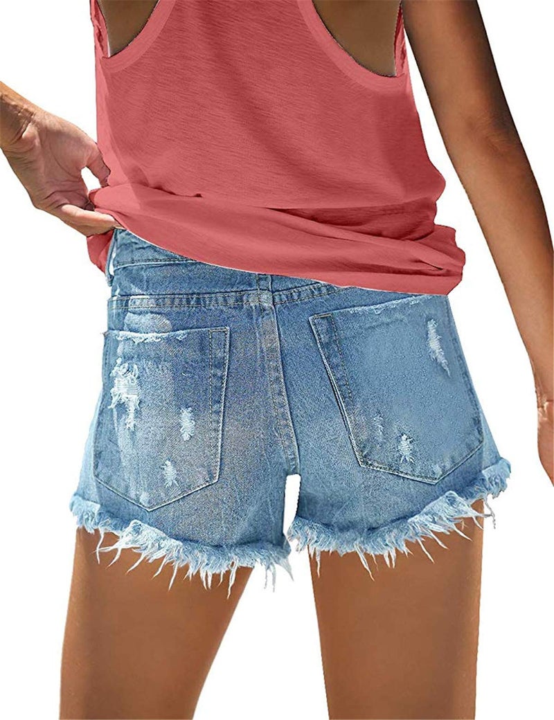 onlypuff Blue Mid Waisted Shorts Stretchy with Pockets Ladies Denim Shorts Ripped XL - Image 3